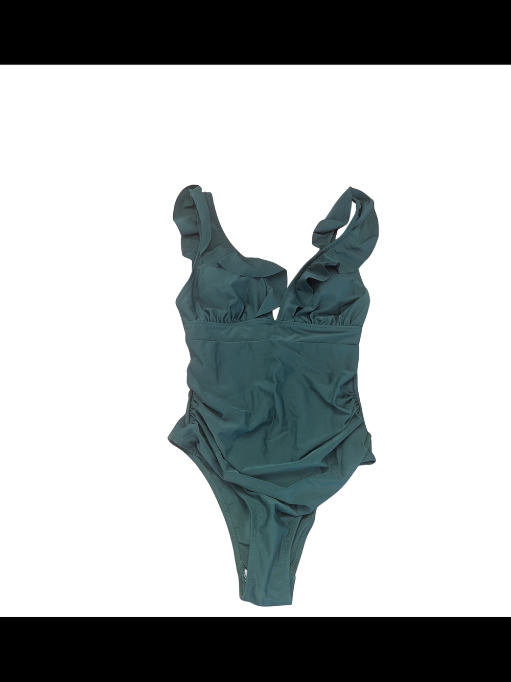 NWOT Shein Womens XS Green Mod Ruffled Vneck Ruched Low Back One Piece Swimsuit
